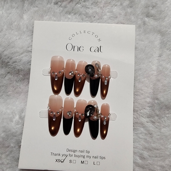 Other - Long Press-On Nails with Nude, Black & Metallic Bronze Gems